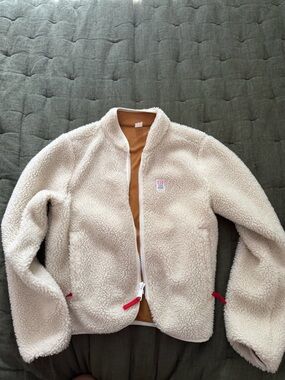 Topo Designs Cream Sherpa Teddy Jacket with Red Accent